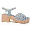 Blue denim-bonded leather, wood, and cork block heel platform sandals with buckle strap fastening