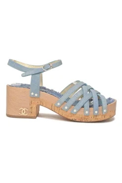 Blue denim-bonded leather, wood, and cork block heel platform sandals with buckle strap fastening