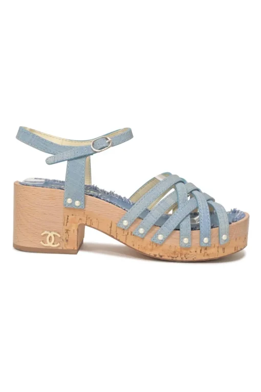Blue denim-bonded leather, wood, and cork block heel platform sandals with buckle strap fastening