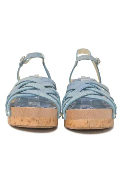 Blue denim-bonded leather, wood, and cork block heel platform sandals with buckle strap fastening