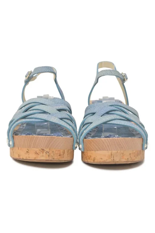 Blue denim-bonded leather, wood, and cork block heel platform sandals with buckle strap fastening