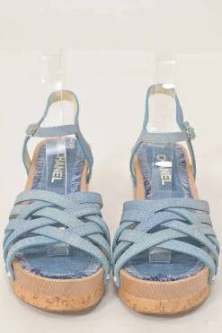 Blue denim-bonded leather, wood, and cork block heel platform sandals with buckle strap fastening