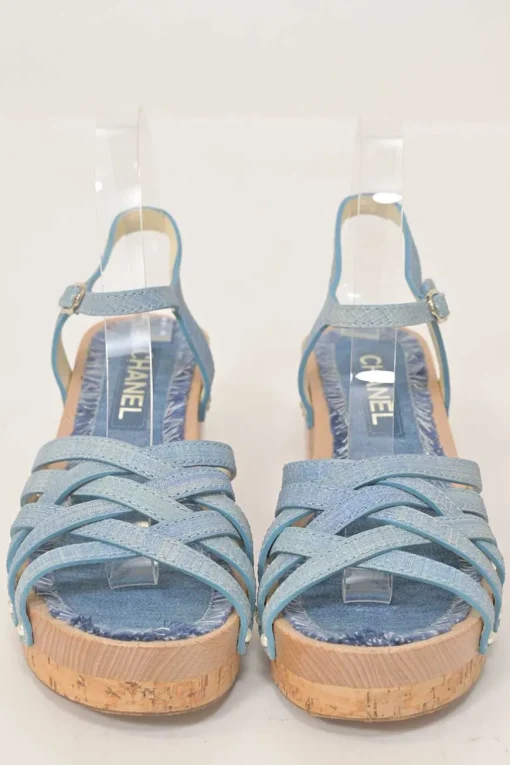 Blue denim-bonded leather, wood, and cork block heel platform sandals with buckle strap fastening