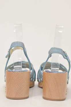 Blue denim-bonded leather, wood, and cork block heel platform sandals with buckle strap fastening