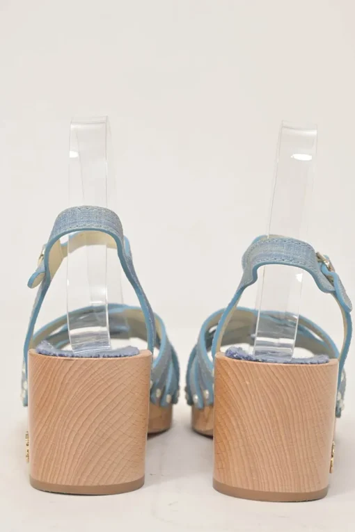 Blue denim-bonded leather, wood, and cork block heel platform sandals with buckle strap fastening