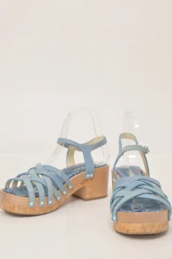 Blue denim-bonded leather, wood, and cork block heel platform sandals with buckle strap fastening