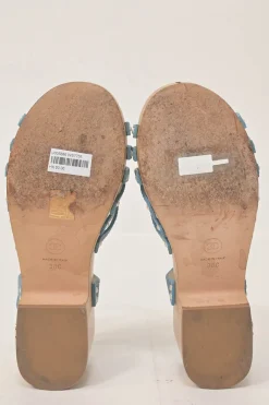 Blue denim-bonded leather, wood, and cork block heel platform sandals with buckle strap fastening
