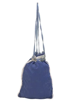 Blue embellished abstract jacquard drawstring shoulder bag with contrast bead broderie appliqué