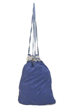 Blue embellished abstract jacquard drawstring shoulder bag with contrast bead broderie appliqué