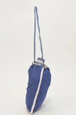 Blue embellished abstract jacquard drawstring shoulder bag with contrast bead broderie appliqué