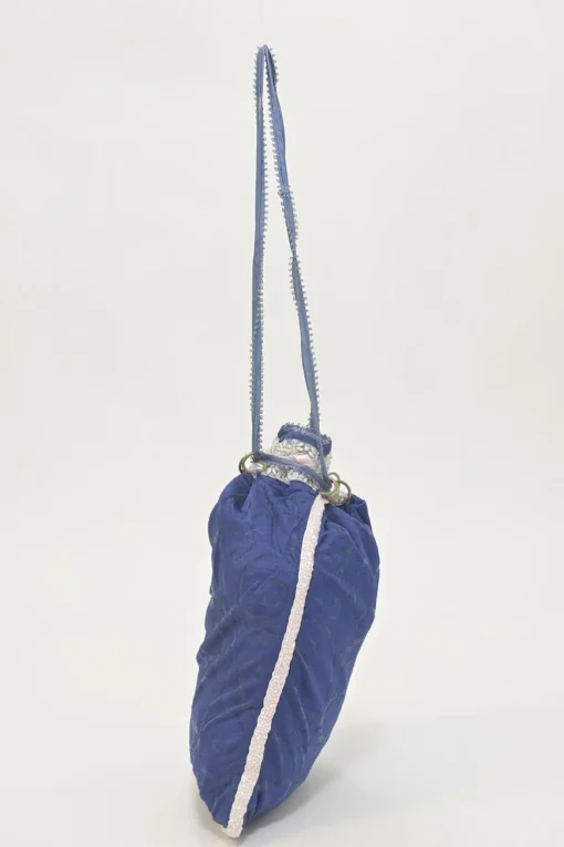 Blue embellished abstract jacquard drawstring shoulder bag with contrast bead broderie appliqué