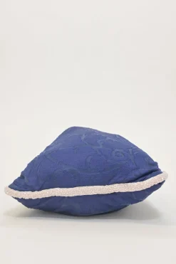 Blue embellished abstract jacquard drawstring shoulder bag with contrast bead broderie appliqué