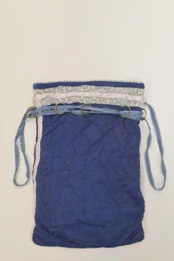 Blue embellished abstract jacquard drawstring shoulder bag with contrast bead broderie appliqué