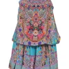 Blue embellished silk abstract print tie-waist blouson romper with racerback bodice and flared shorts