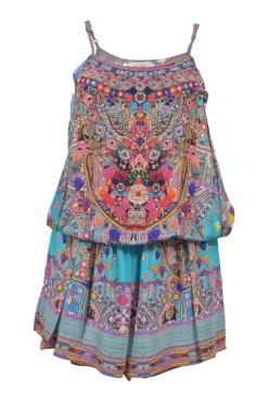 Blue embellished silk abstract print tie-waist blouson romper with racerback bodice and flared shorts
