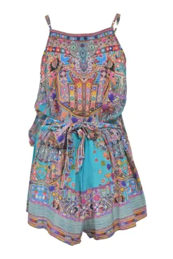 Blue embellished silk abstract print tie-waist blouson romper with racerback bodice and flared shorts