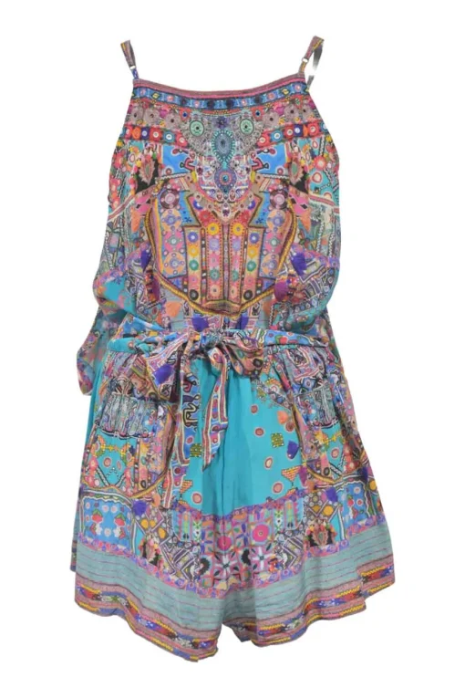Blue embellished silk abstract print tie-waist blouson romper with racerback bodice and flared shorts