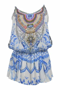 Blue embellished viscose abstract floral print racerback blouson romper featuring bead broderie motif