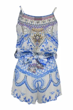 Blue embellished viscose abstract floral print racerback blouson romper featuring bead broderie motif