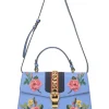 Blue floral-embroidered leather Sylvie web top handle bag with detachable shoulder strap