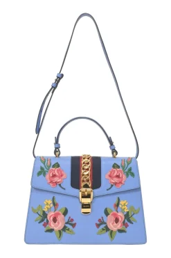 Blue floral-embroidered leather Sylvie web top handle bag with detachable shoulder strap