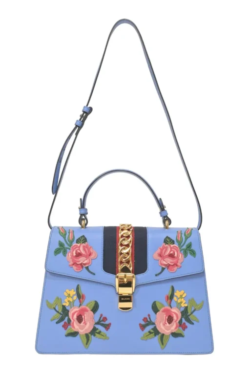 Blue floral-embroidered leather Sylvie web top handle bag with detachable shoulder strap