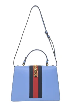 Blue floral-embroidered leather Sylvie web top handle bag with detachable shoulder strap