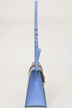 Blue floral-embroidered leather Sylvie web top handle bag with detachable shoulder strap