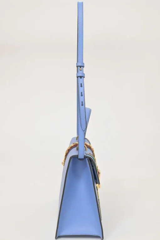 Blue floral-embroidered leather Sylvie web top handle bag with detachable shoulder strap