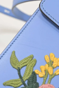 Blue floral-embroidered leather Sylvie web top handle bag with detachable shoulder strap