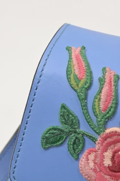 Blue floral-embroidered leather Sylvie web top handle bag with detachable shoulder strap