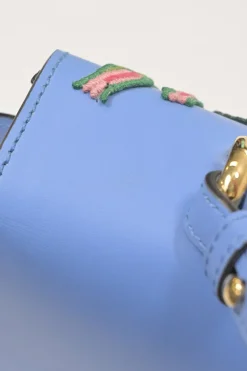 Blue floral-embroidered leather Sylvie web top handle bag with detachable shoulder strap