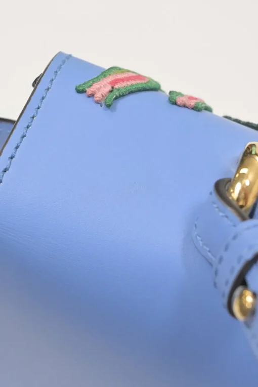 Blue floral-embroidered leather Sylvie web top handle bag with detachable shoulder strap