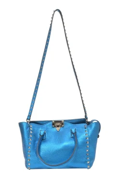 Blue foiled leather Rockstud tote
