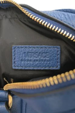 Blue grained leather Medusa Biggie Small crossbody bag with adjustable shoulder strap