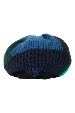 blue, green and black colour-blocking knit beanie/beret