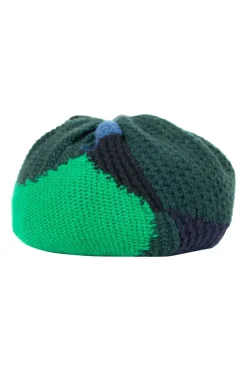 blue, green and black colour-blocking knit beanie/beret