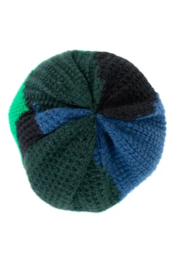 blue, green and black colour-blocking knit beanie/beret