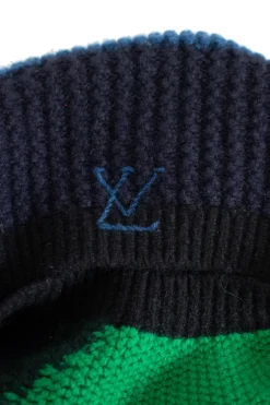 blue, green and black colour-blocking knit beanie/beret