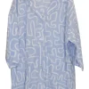 Blue hemp-cotton blend oversized notch collar button-front shirt dress featuring abstract graphic motif