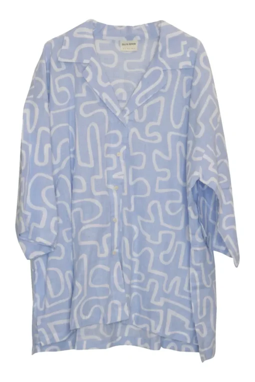 Blue hemp-cotton blend oversized notch collar button-front shirt dress featuring abstract graphic motif