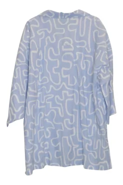 Blue hemp-cotton blend oversized notch collar button-front shirt dress featuring abstract graphic motif