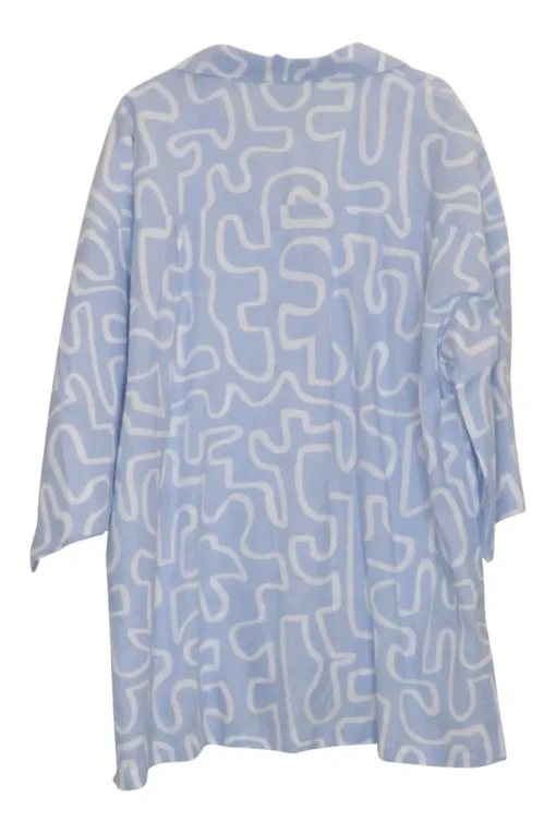 Blue hemp-cotton blend oversized notch collar button-front shirt dress featuring abstract graphic motif