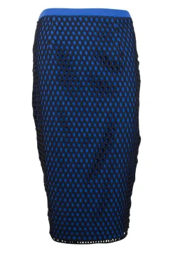 Blue high waist stretch midi skirt with black mesh over lay