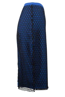 Blue high waist stretch midi skirt with black mesh over lay