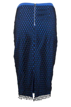 Blue high waist stretch midi skirt with black mesh over lay