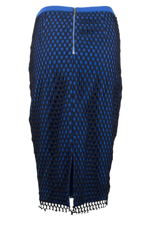 Blue high waist stretch midi skirt with black mesh over lay