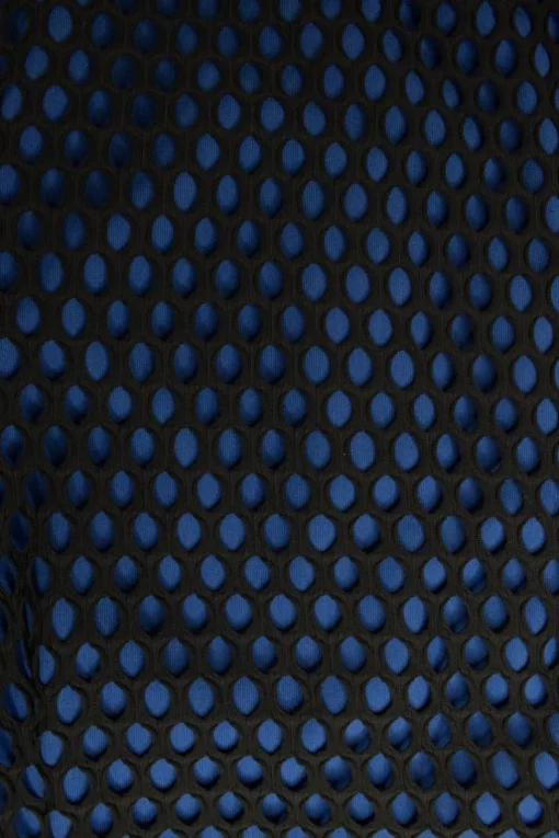 Blue high waist stretch midi skirt with black mesh over lay