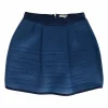 Blue high-waist lined mesh A-line skirt with navy waistband and back zip