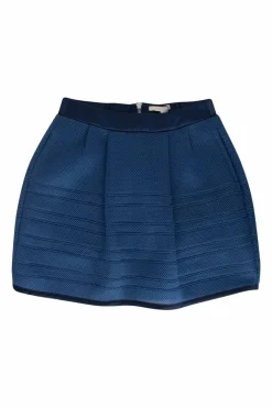 Blue high-waist lined mesh A-line skirt with navy waistband and back zip